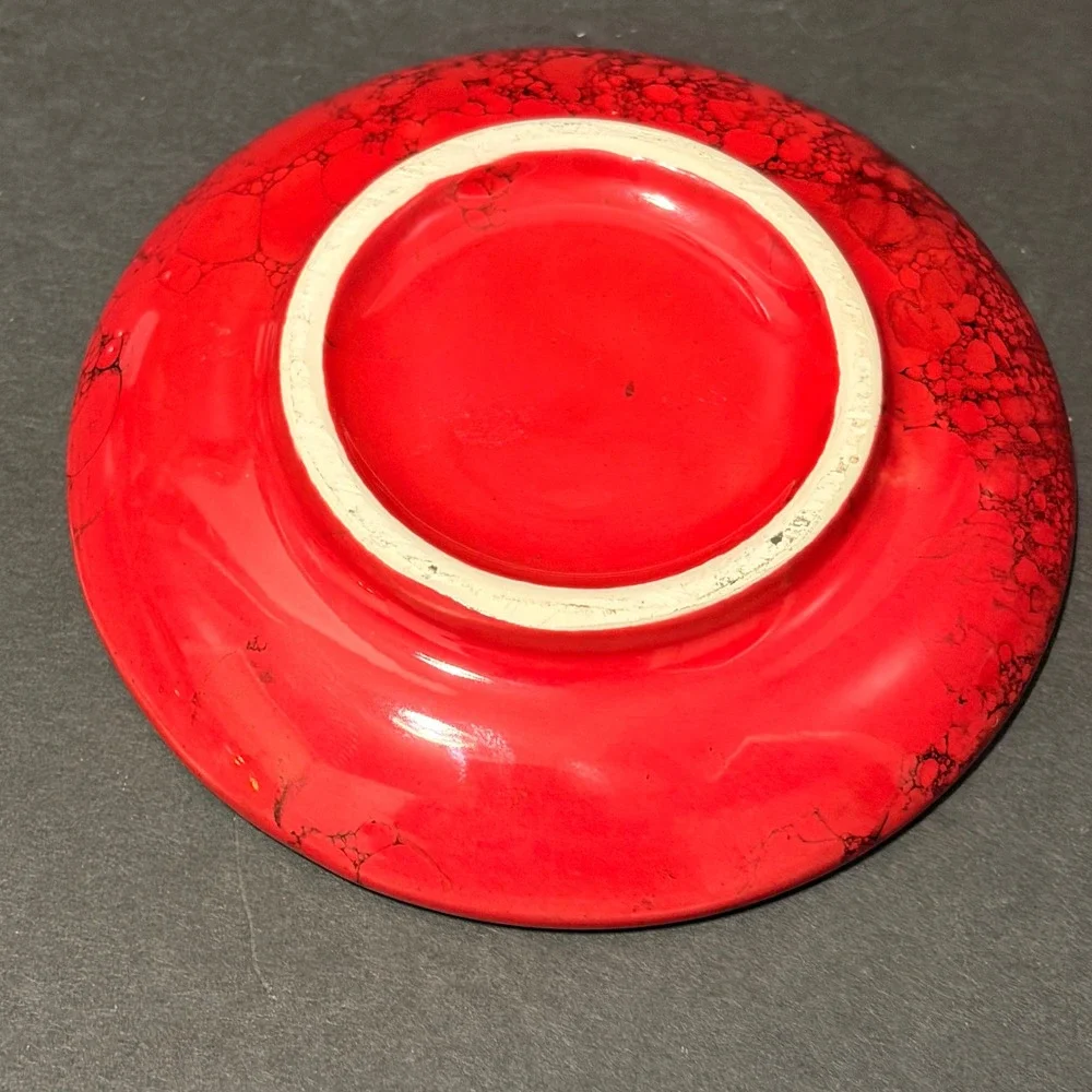 Red Artisan Ceramic Garlic Grater Plate Black Marble Bubble Glaze 4.75 Inch
